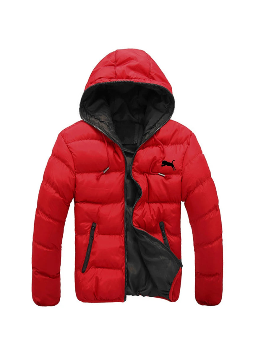 Red puffer jacket with black interior on a white background