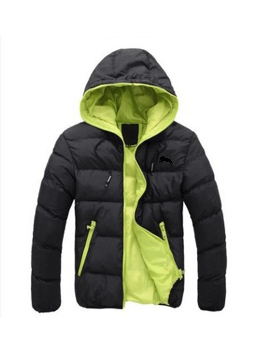 Black puffer jacket with neon green interior and accents on a white background