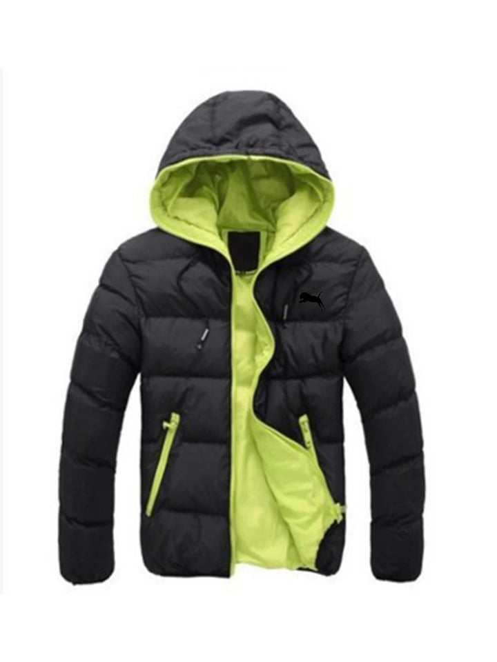 Black puffer jacket with neon green interior and accents on a white background