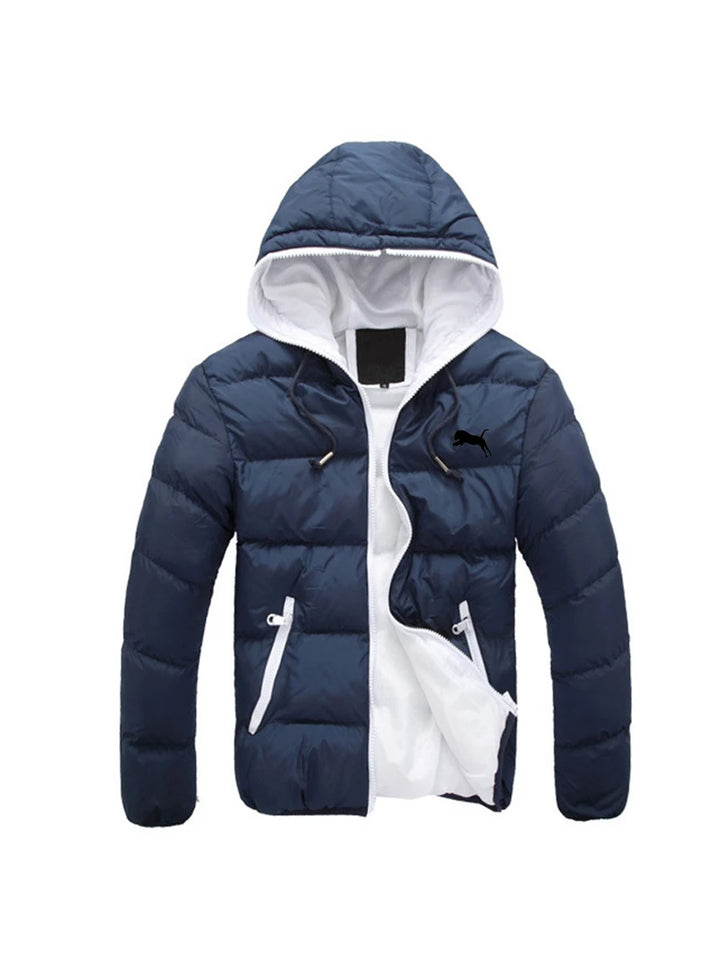 Navy blue and white puffer jacket with a hood on a white background