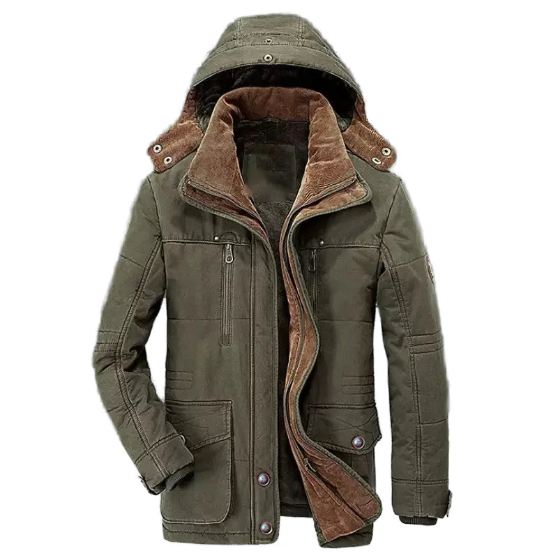 Green winter jacket with brown lining on a white background