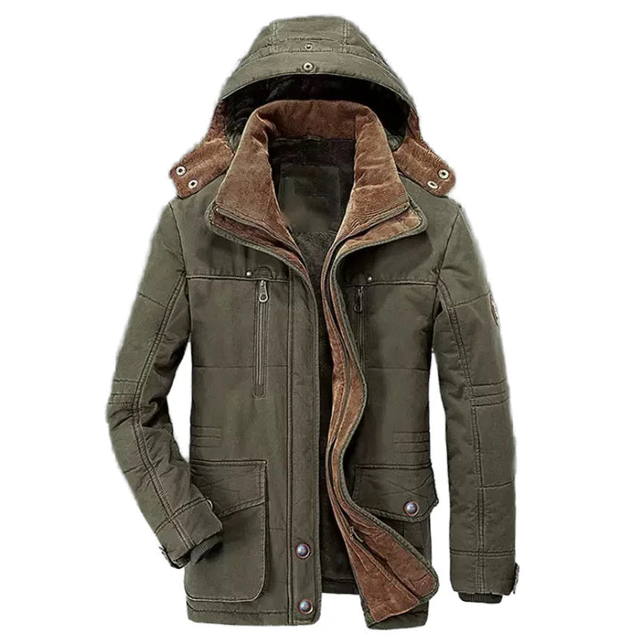 Green winter jacket with brown lining on a white background