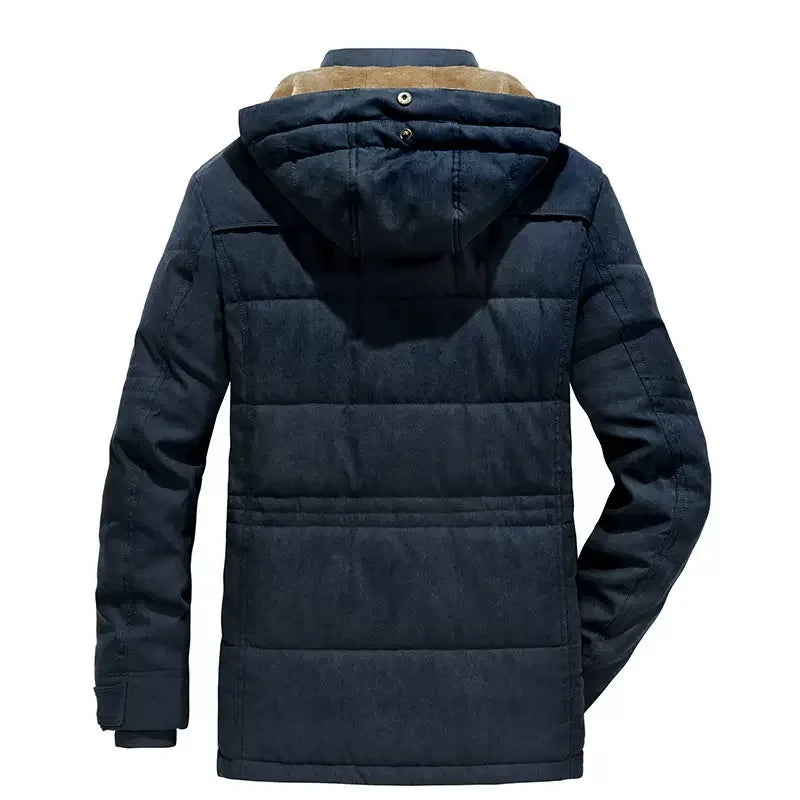 Navy blue winter jacket with a hood on a white background