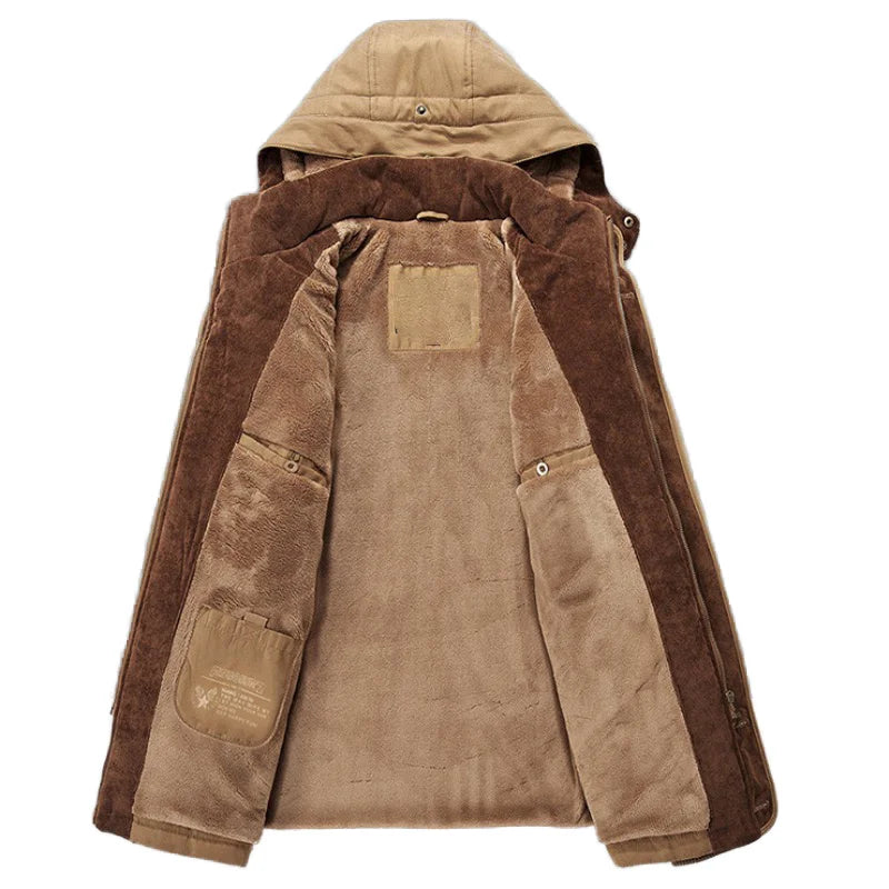 Brown hooded jacket with a patch on a white background