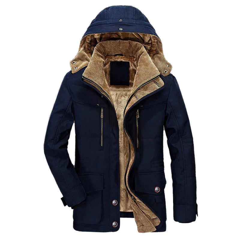 Navy blue winter coat with brown fur lining on a white background