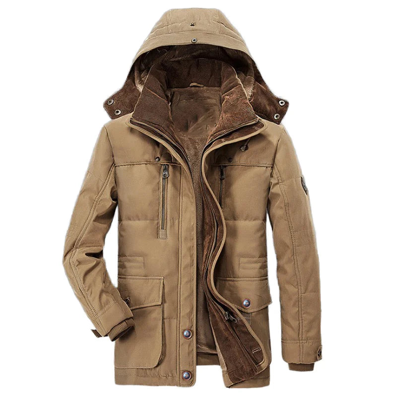 Brown winter coat with a hood on a white background