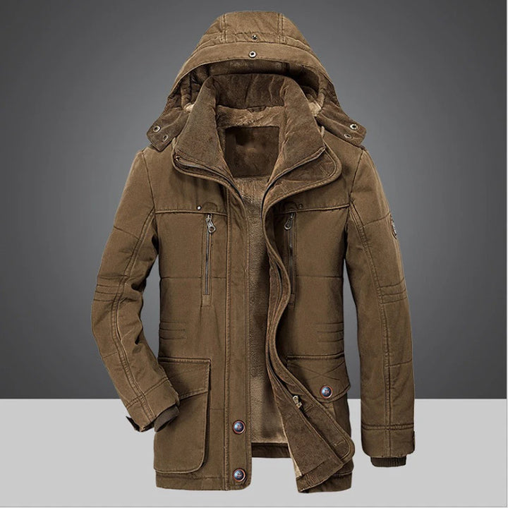 Brown winter coat with a hood on a gray background