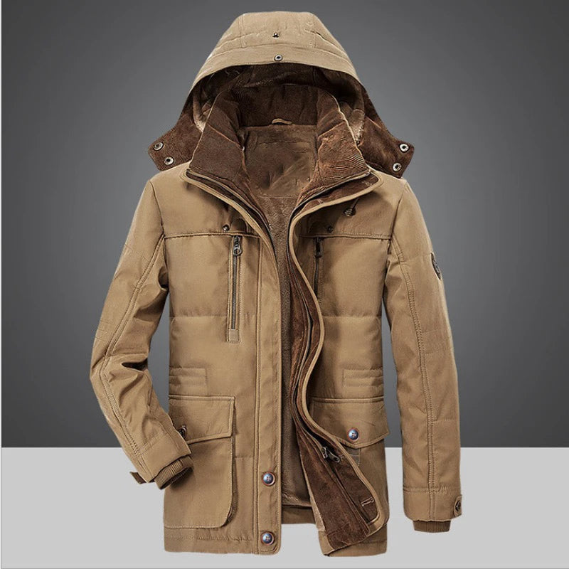 Brown winter coat with a hood on a gray background
