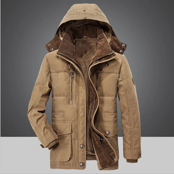 Brown winter coat with a hood on a gray background