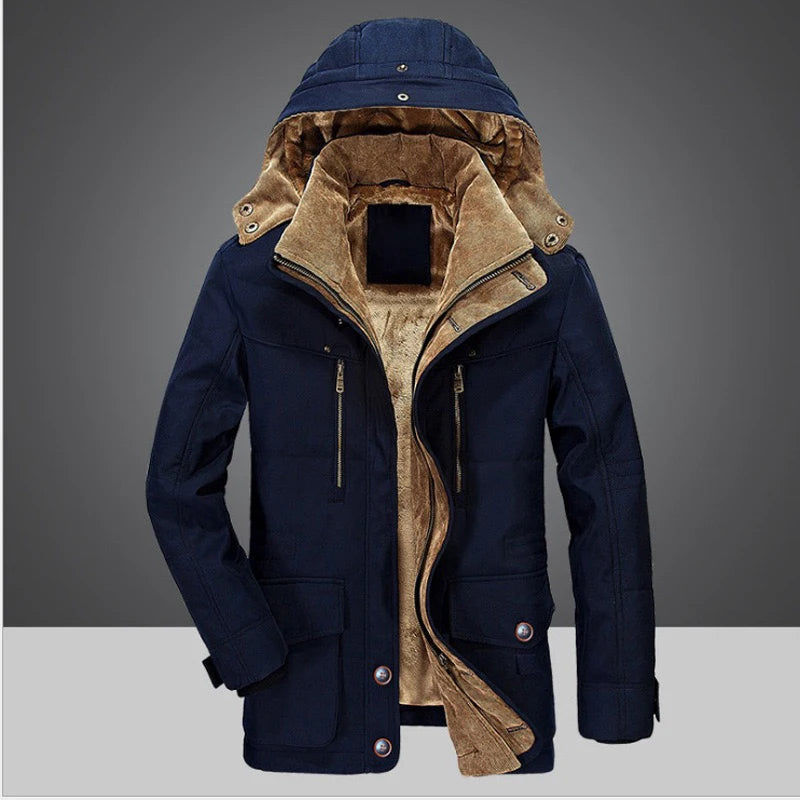 Navy blue coat with brown fur lining on a gray background