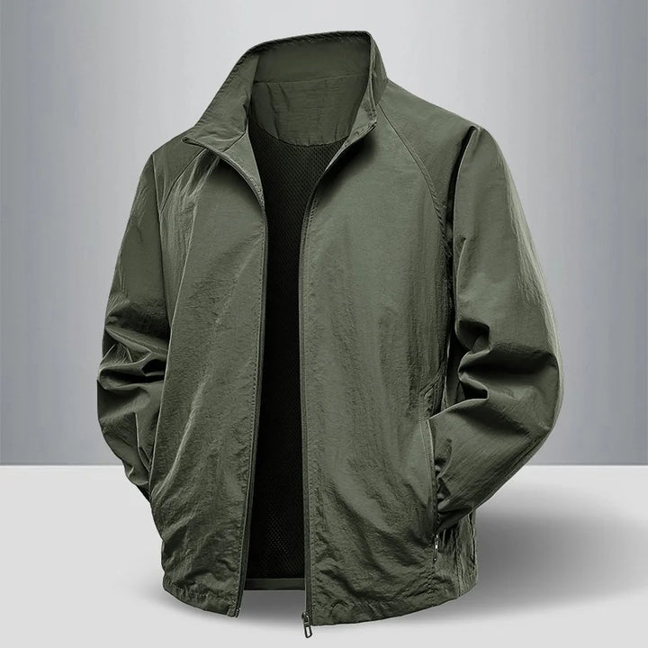 Green jacket on a gray background
