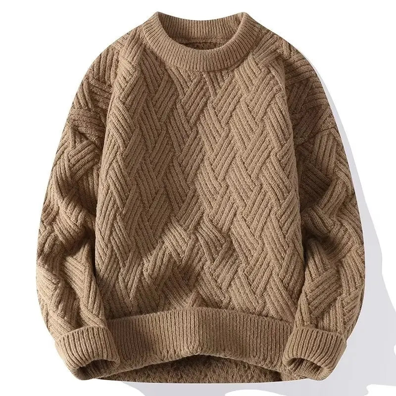 Brown knitted sweater with a geometric pattern on a white background