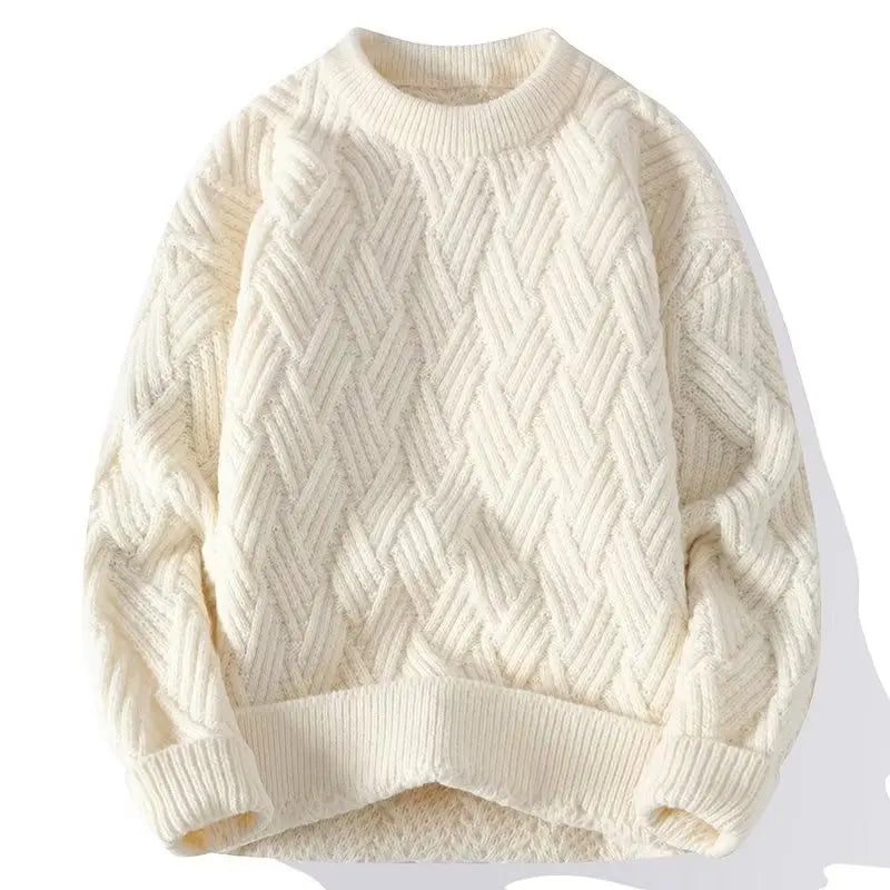 Cream-colored sweater with a textured pattern on a white background