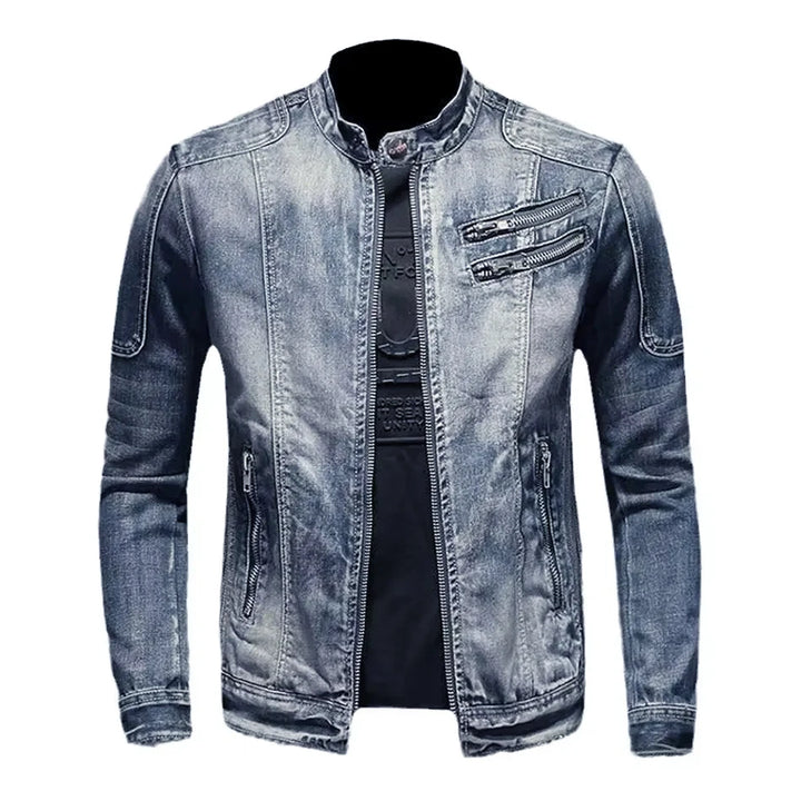 Blue denim jacket on a white background