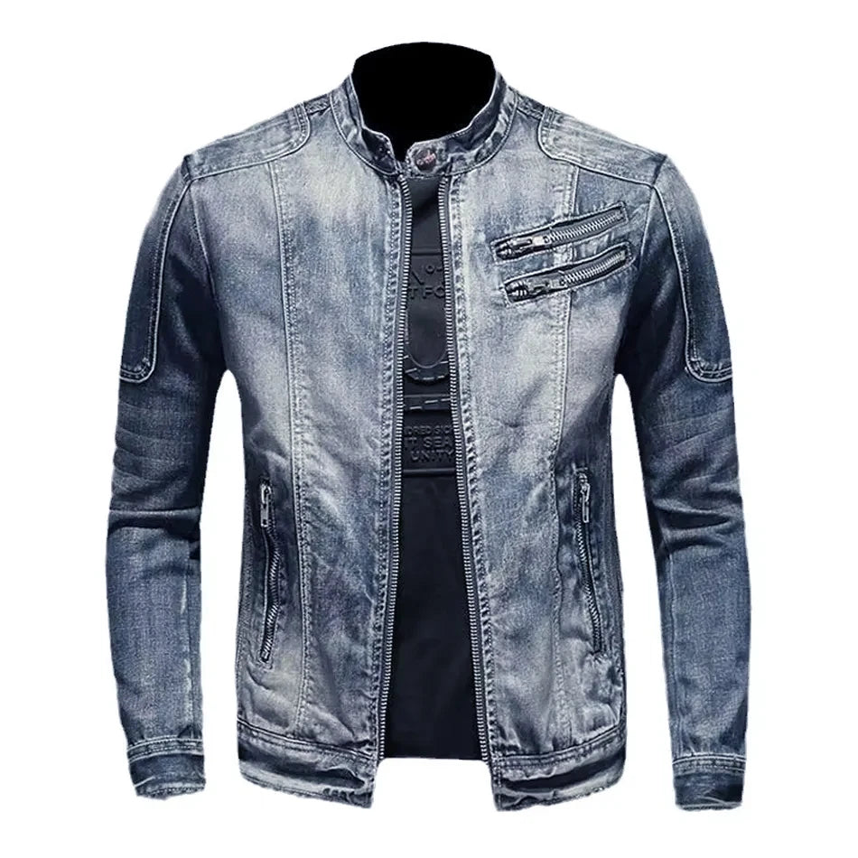 Blue denim jacket on a white background