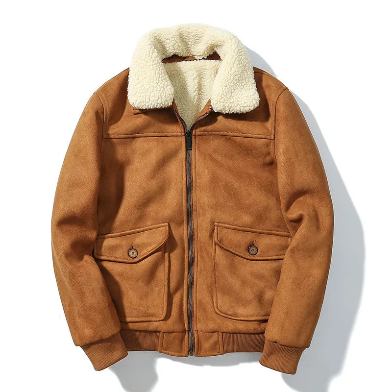 Brown jacket with white sherpa lining on a white background