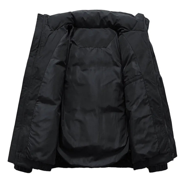 Black puffer jacket on a white background