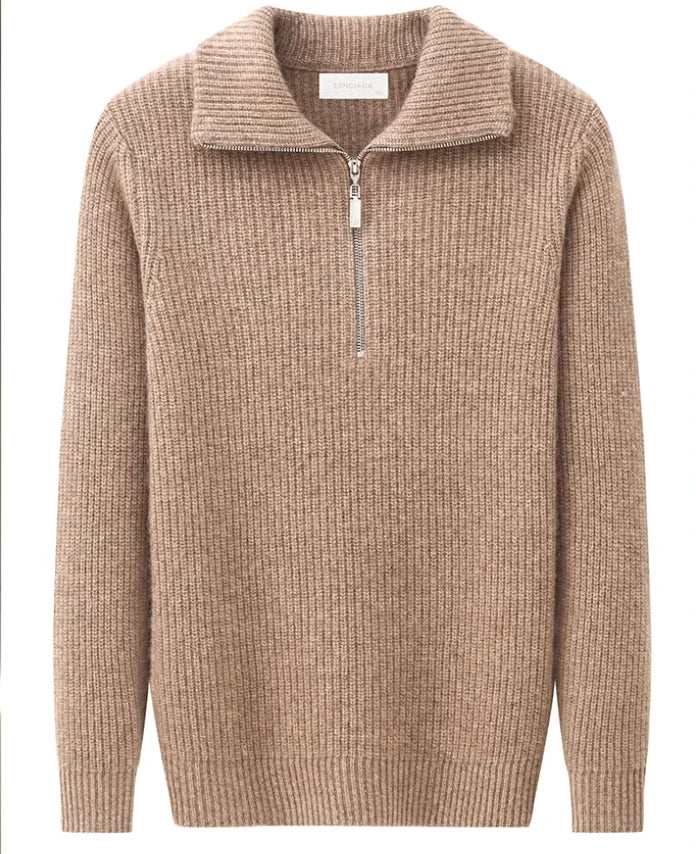 Beige sweater with a quarter zip on a white background
