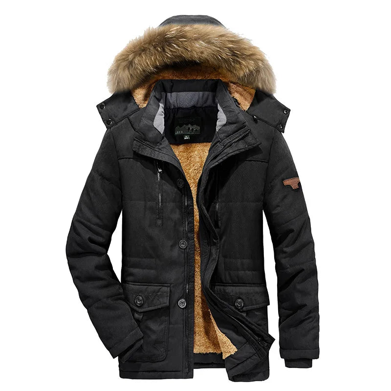 Black winter jacket with fur-lined hood on a white background