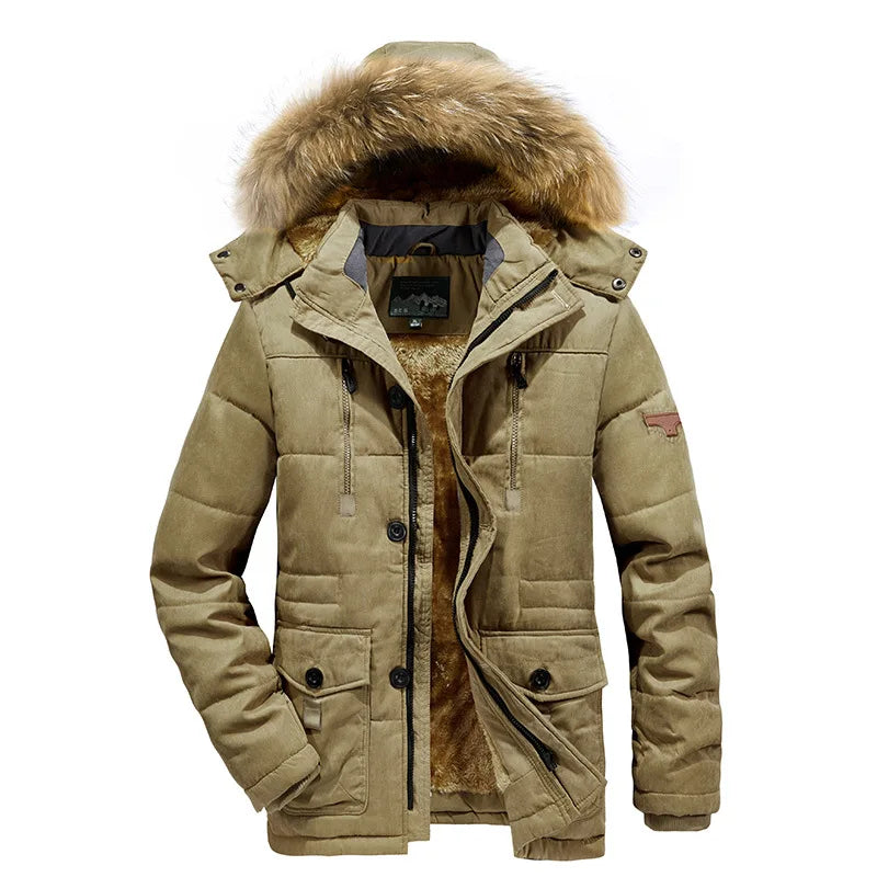 Khaki winter jacket with fur-lined hood on a white background