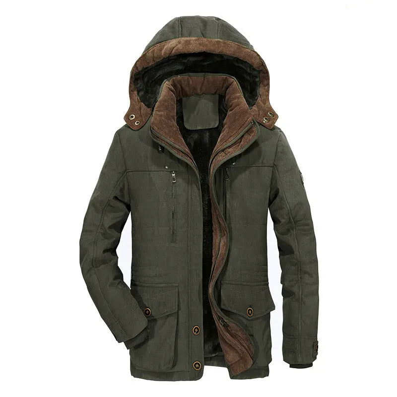 Green winter jacket with brown hood and lining on a white background