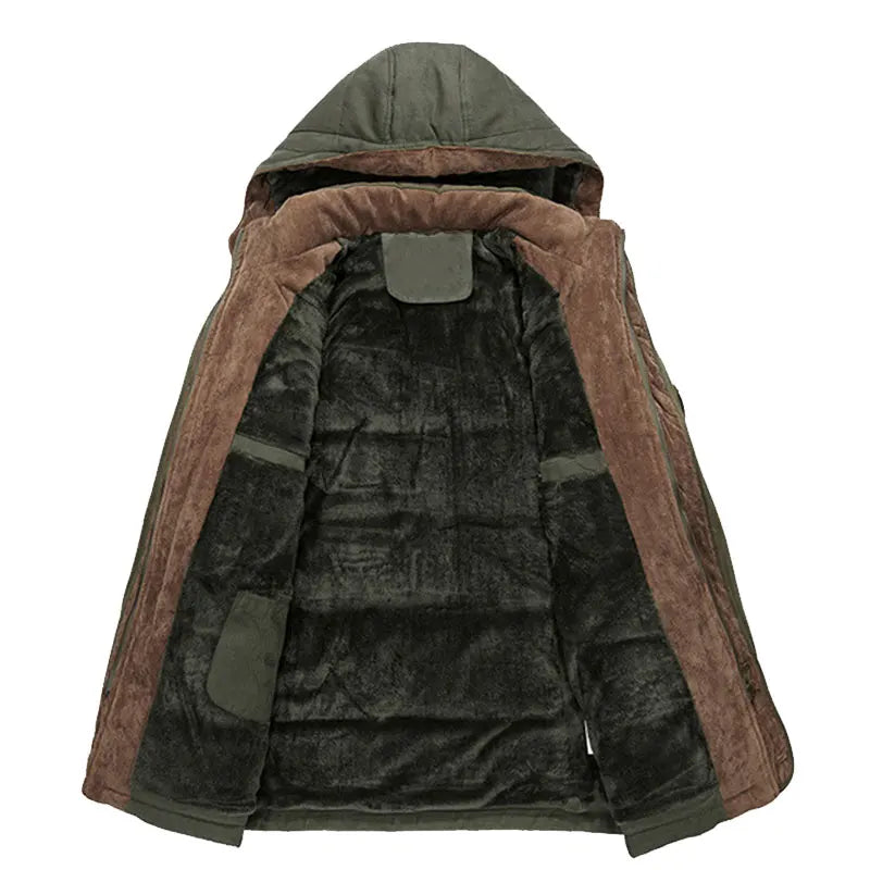 Green and brown hooded jacket with quilted design on a white background