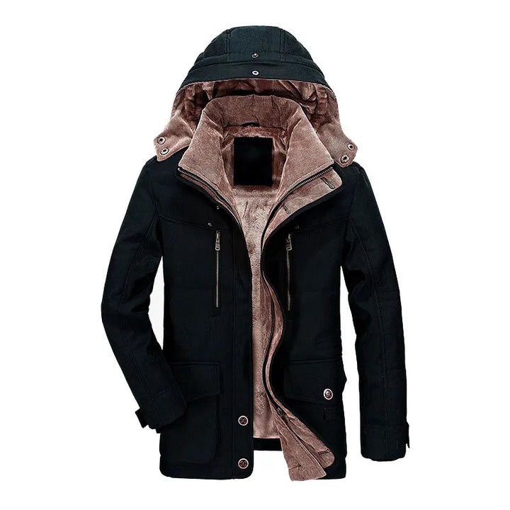 Black jacket with brown fur lining on a white background