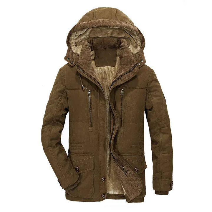 Brown winter jacket with fur-lined hood on a white background