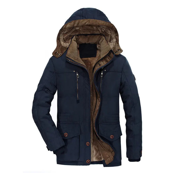 Navy blue winter jacket with brown fur lining on a white background