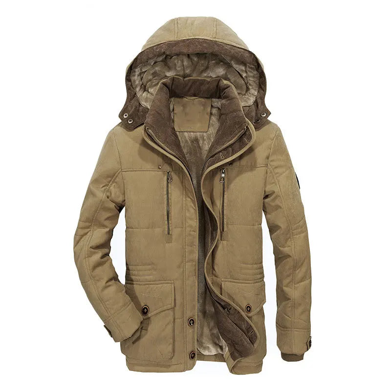 Khaki winter jacket with brown lining on a white background