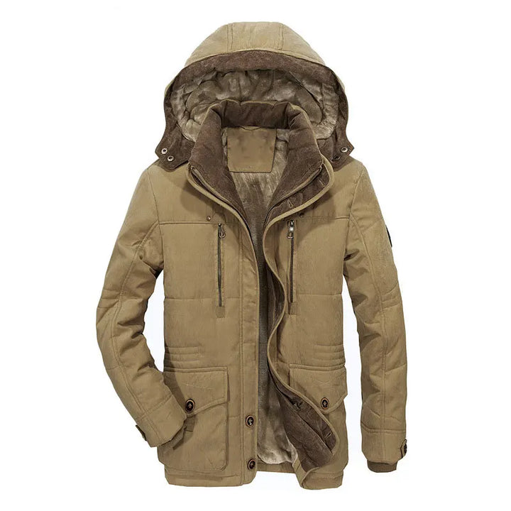 Khaki winter jacket with brown lining on a white background