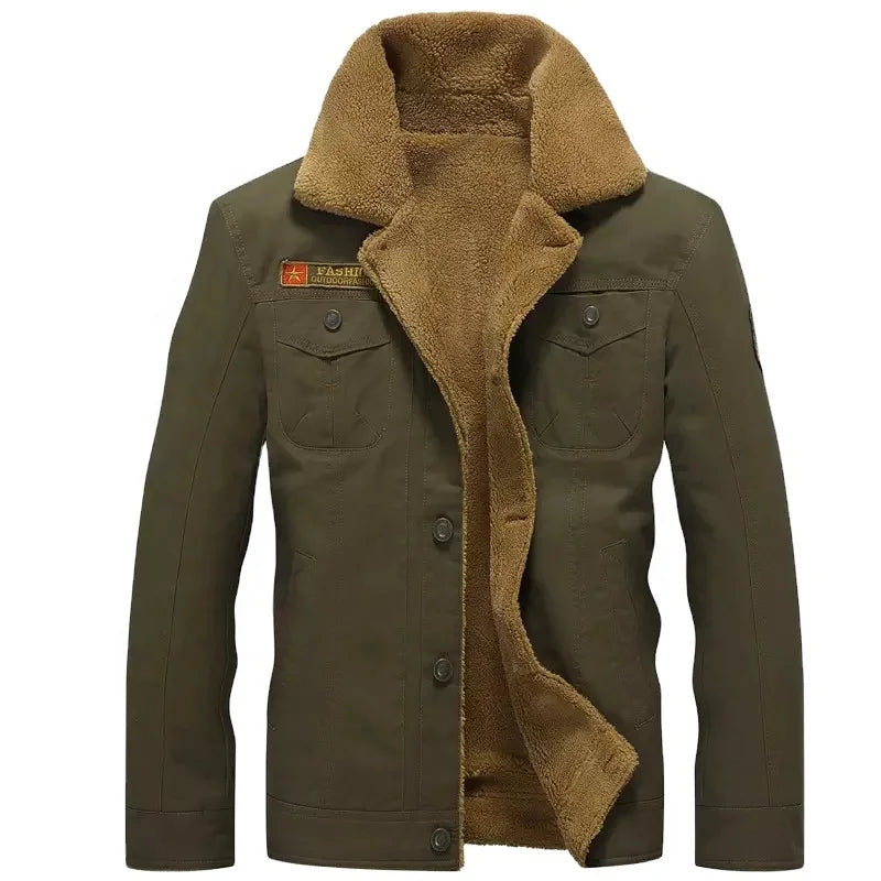 Green jacket with brown fur collar on a white background