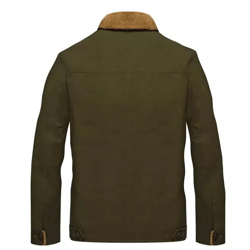 Green jacket with brown collar on a white background