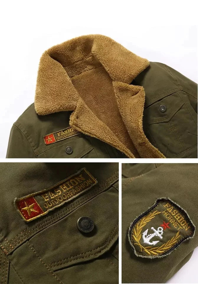 Collage of a green jacket with brown fur collar and visible brand logo on a white background.