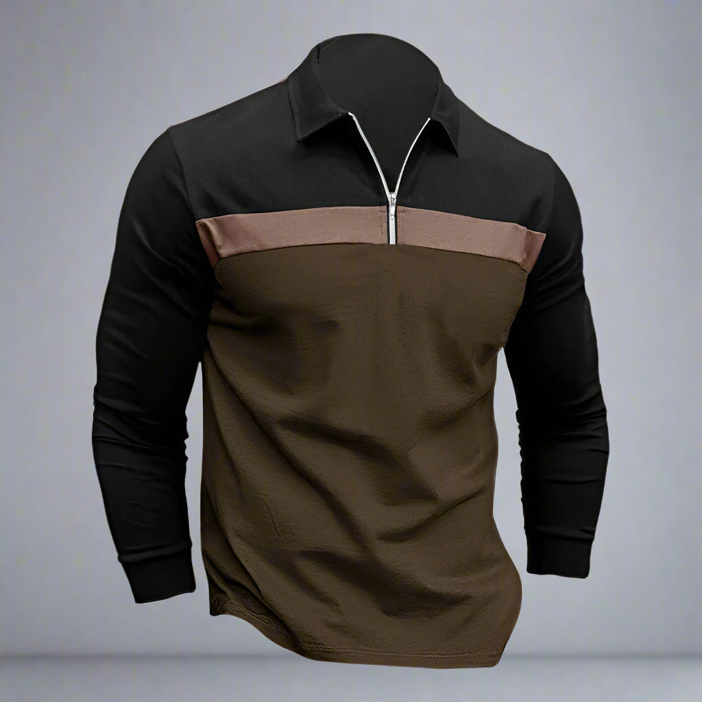 Men's Black Long Sleeve Shirt Two-Tone Cotton Zip