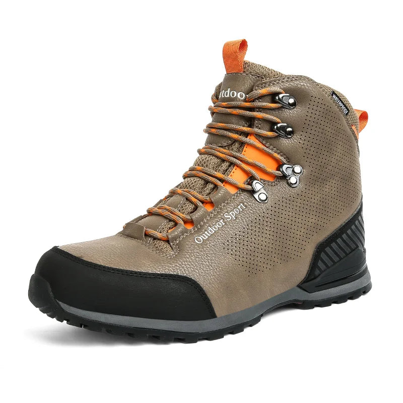 Brown hiking boot with orange laces on a white background