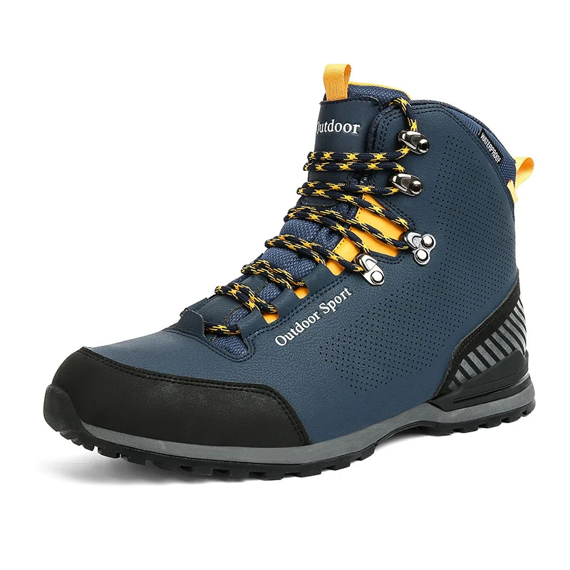 Blue hiking boot with yellow laces on a white background