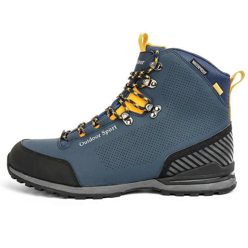 Blue hiking boot with yellow laces on a white background