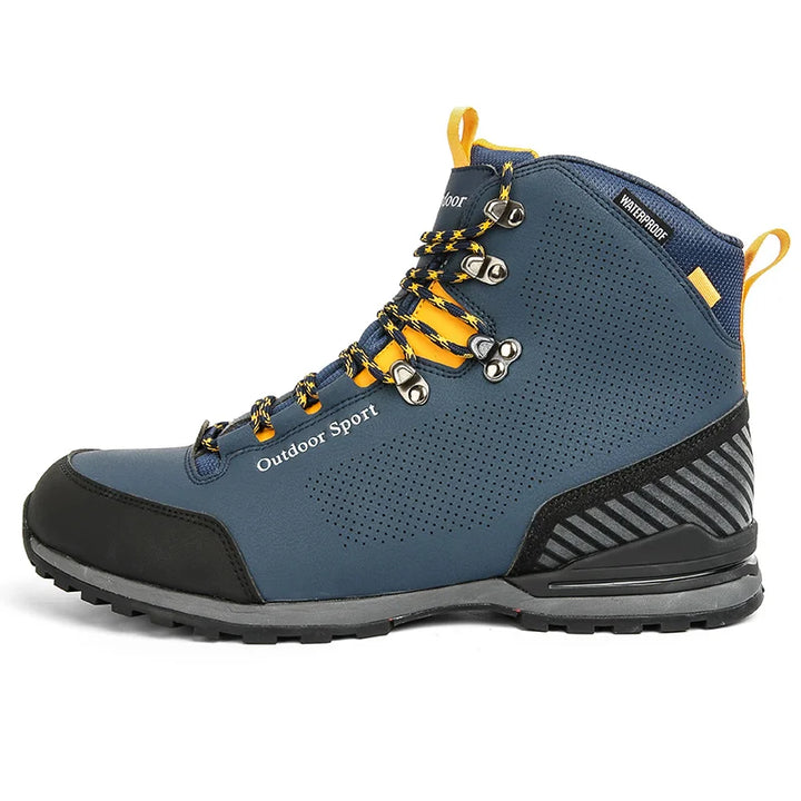 Blue hiking boot with yellow laces on a white background