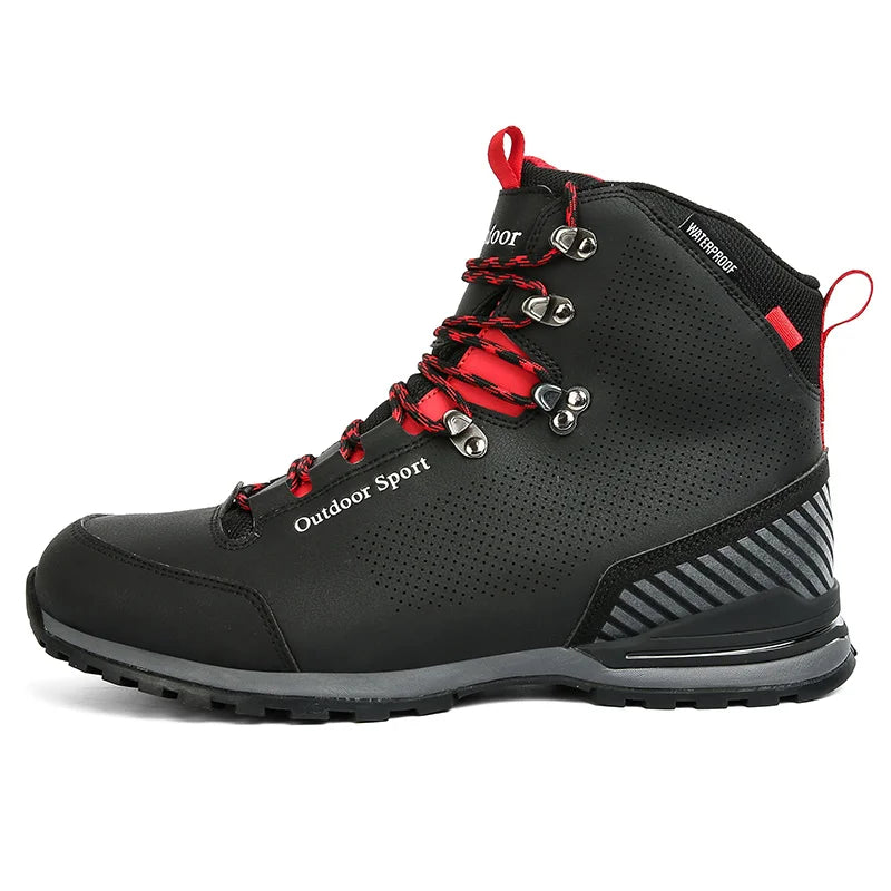 Black hiking boot with red accents on a white background