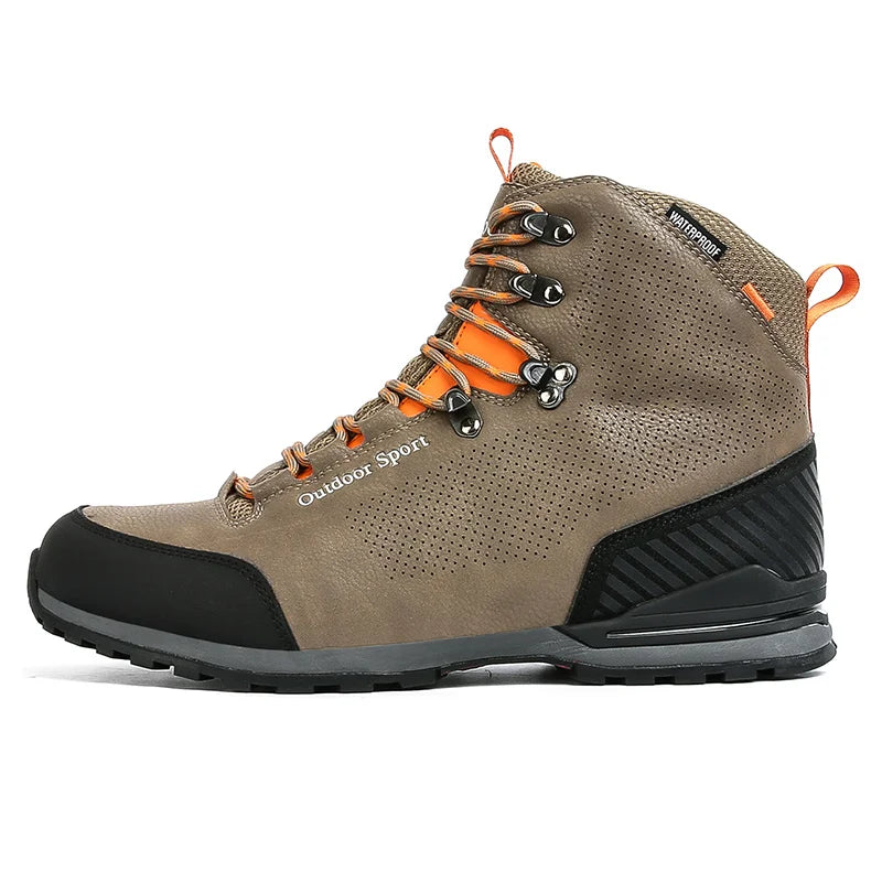 Brown hiking boot with orange accents on a white background