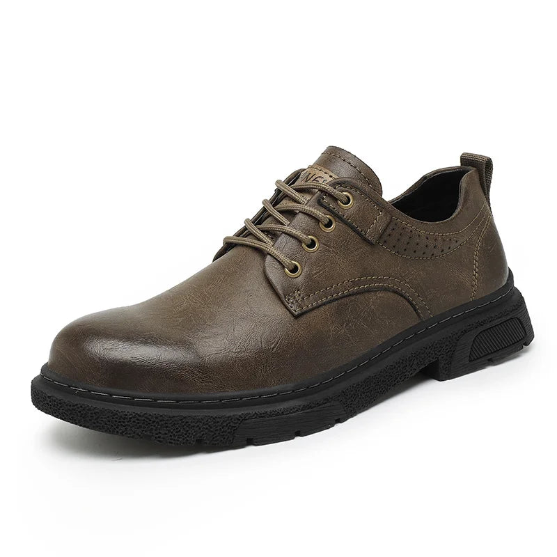 Brown leather shoe with black sole on a white background