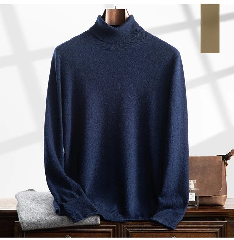 Navy blue turtleneck sweater on a mannequin with a blurred background