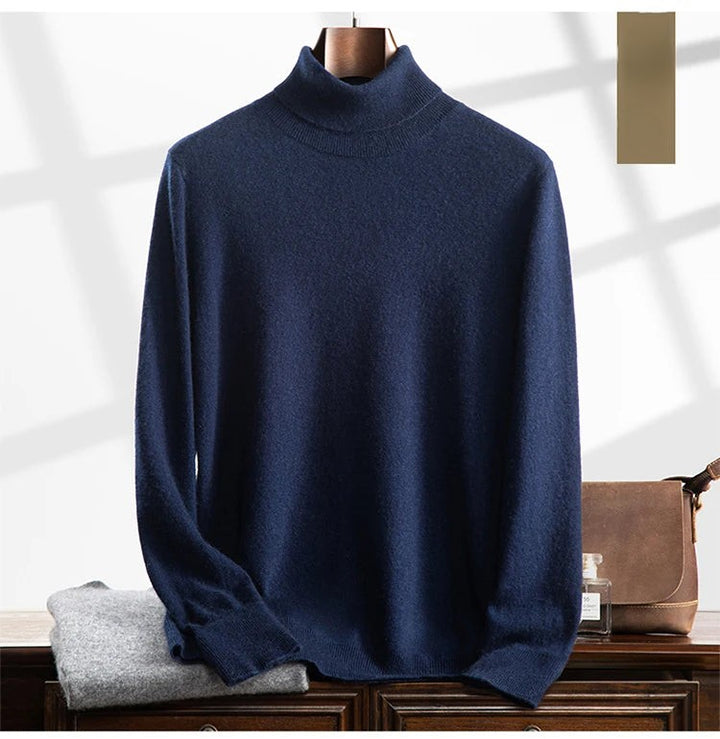 Navy blue turtleneck sweater on a mannequin with a blurred background