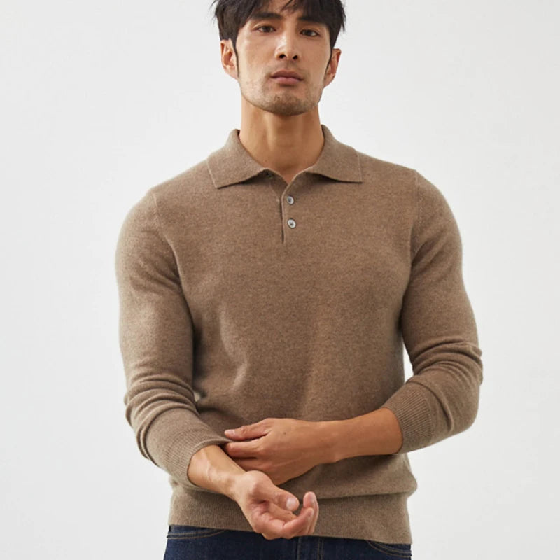 Man wearing a brown sweater with a collar on a white background
