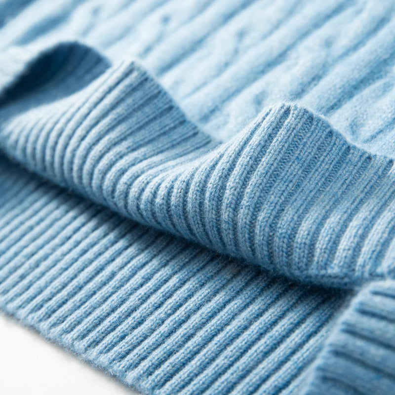 Close-up of a blue ribbed sweater fabric