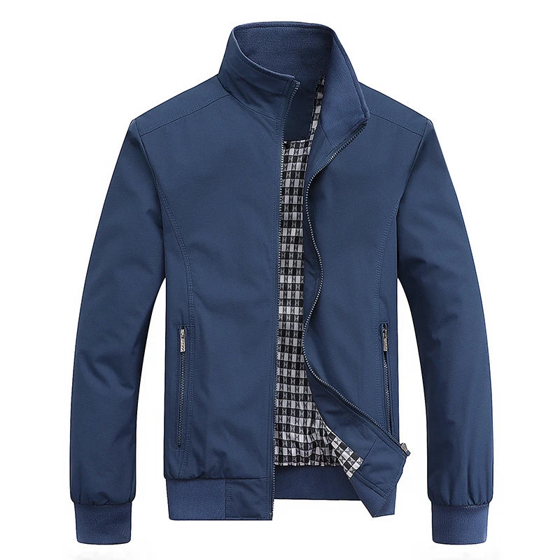Blue jacket with plaid lining on a white background