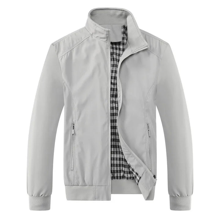 Light gray jacket with plaid lining on a white background