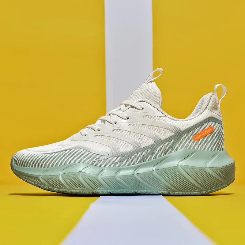 White athletic shoe with a green sole on a yellow and white background