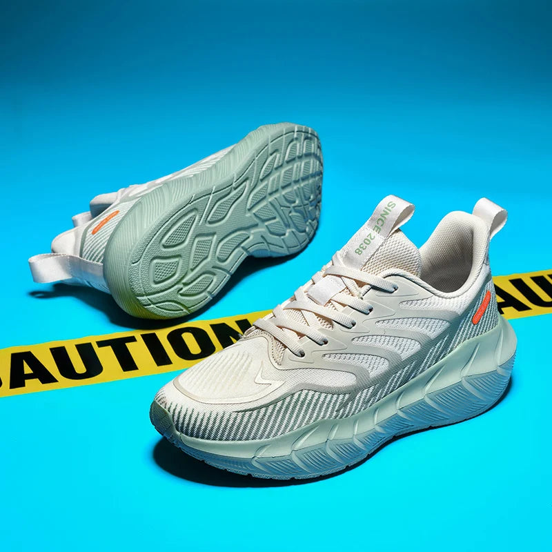 White running shoes with orange accents on a blue background with caution tape.